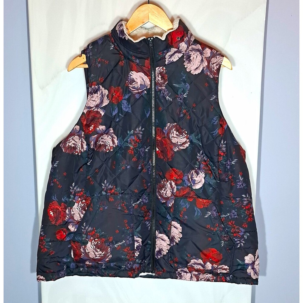 Maurices Quilted Puffer Vest Womens 2X Dark Floral Faux Fur Lined Zip Pockets
